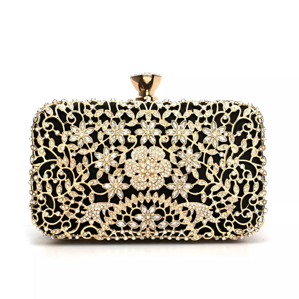 Bolsa Clutch de Mão Cristal em Pedraria e Design Floral