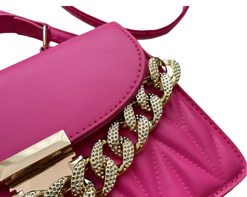 Bolsa Transversal Cindy - Corrente Dourada com Strass, Alça de Mão e Fecho de Zíper