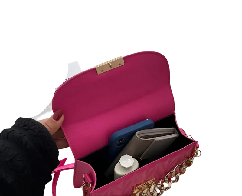 Bolsa Transversal Cindy - Corrente Dourada com Strass, Alça de Mão e Fecho de Zíper